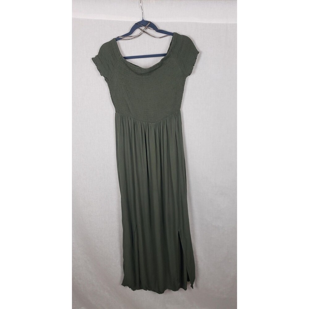 Windsor Dress L Olive‎ Green Smocked Maxi Cap Sleeve Side Slit Rayon Casual Boho
